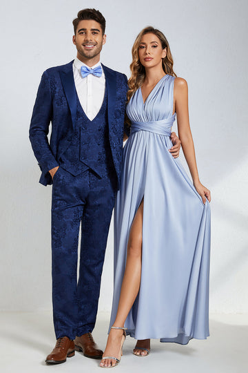 Peak Lapel One Button Mørkeblå Jacquard Menns bryllupsfest dresser